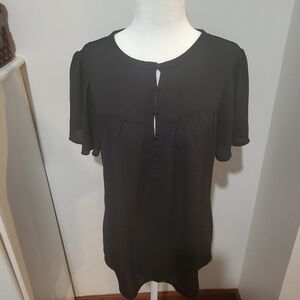 Ann Taylor Solid Black Babydoll Cap Sleeve Sheer Front Blouse Button Up | Small